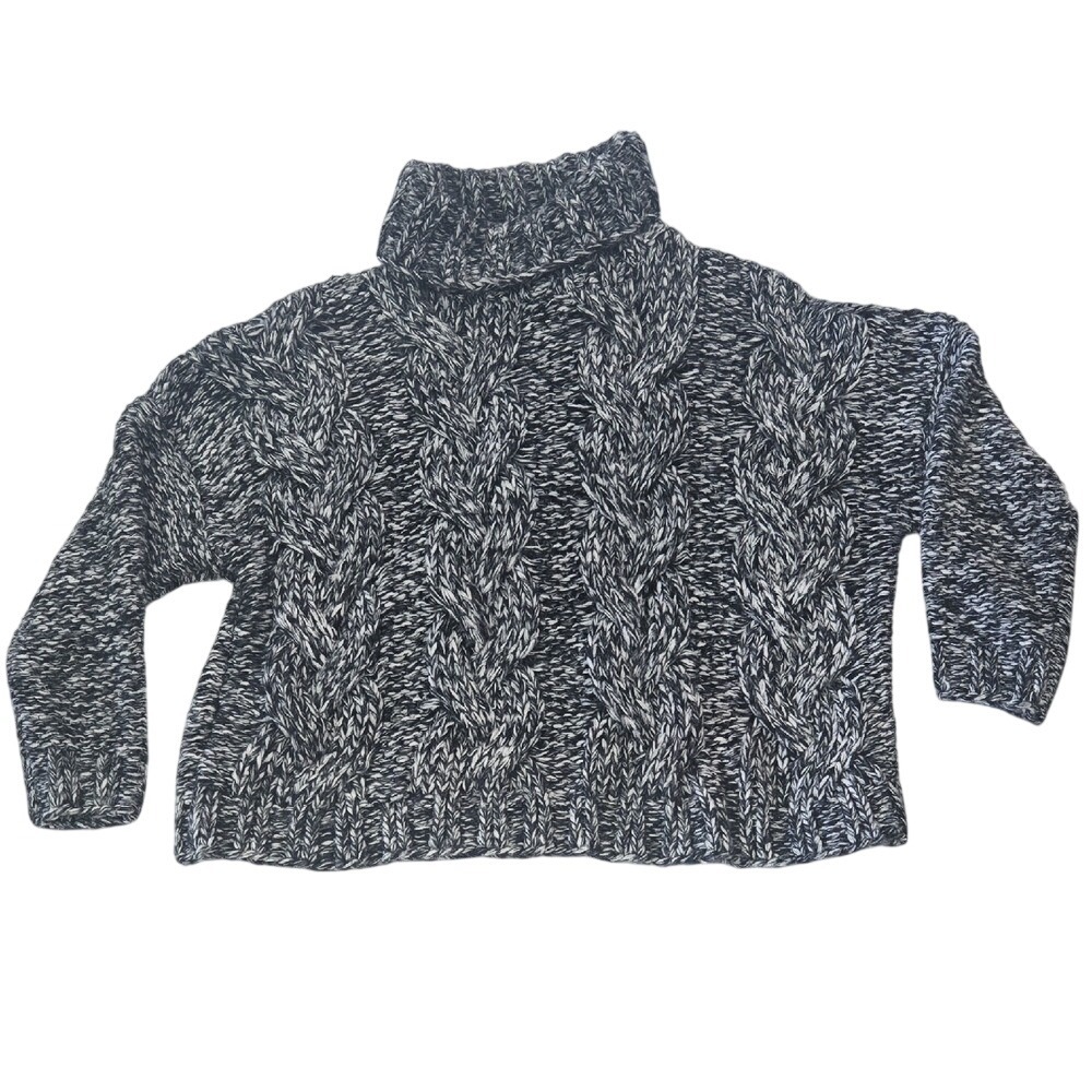 Zara Women Black White‎ Marled Cable Knit Turtleneck Sweater L 5507/100/084